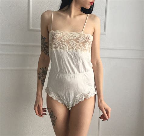 Vintage White Lace Teddy Antique Lingerie Vintage Bodysuit Teddy On Straps Etsy
