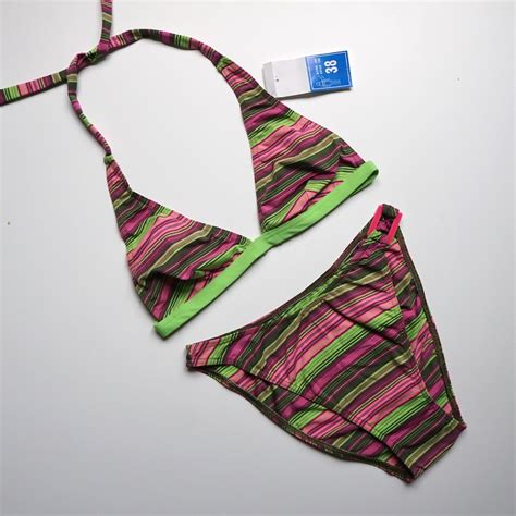 00s Y2k Green Pink Striped High Cut Triangle Bikini Set Etsy