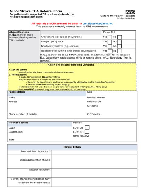 Fillable Online Minor Stroke Tia Referral Form Churchill Hospital