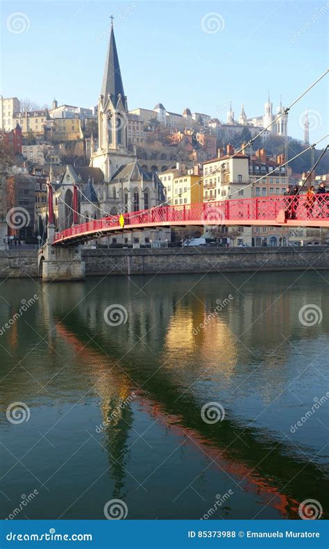 Lyon`s Red Bridge Mirrored In The Water Stock Photo Image Of Lyons