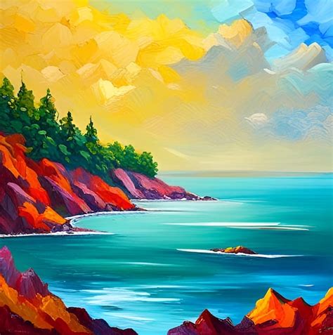 Premium Photo | A painting of a beach with a red cliff and the ocean.