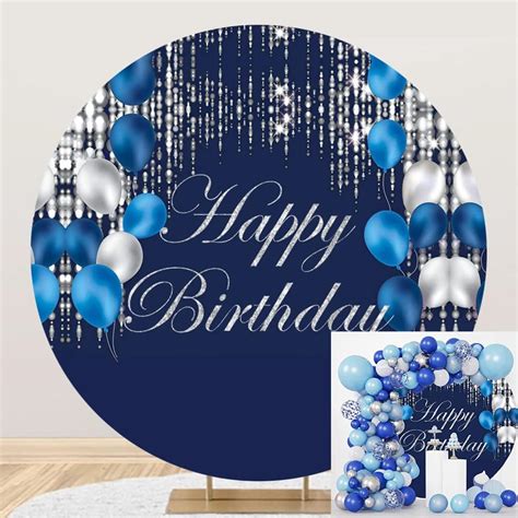 Navy Blue Happy Birthday Round Backdrop Cover Men 7 2ft