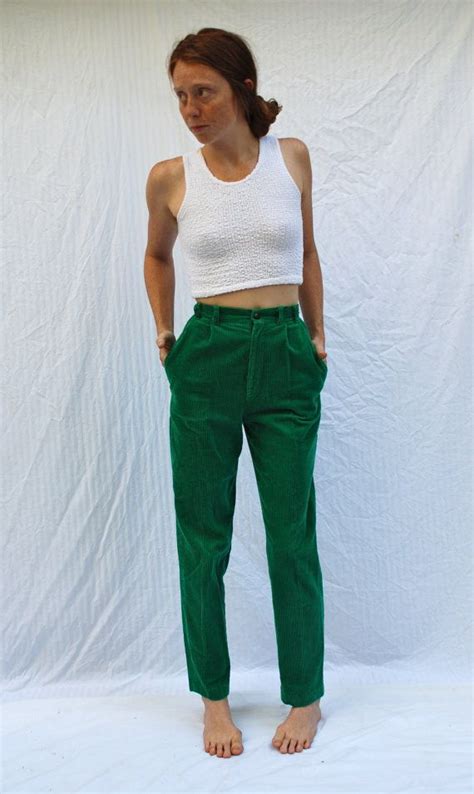 Womens Small High Waist Green Corduroy Pants Slacks By Furhatguild 35