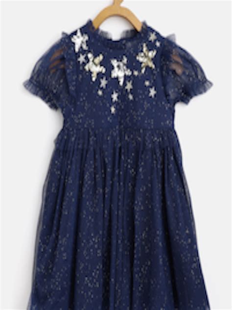 Buy Marks And Spencer Girls Navy Blue And Silver Abstract Print Star Sequinned Net A Line Dress