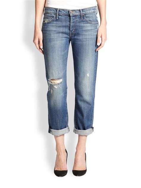 Lyst Mother The Loosey Distressed Cropped Boyfriend Jeans In Blue