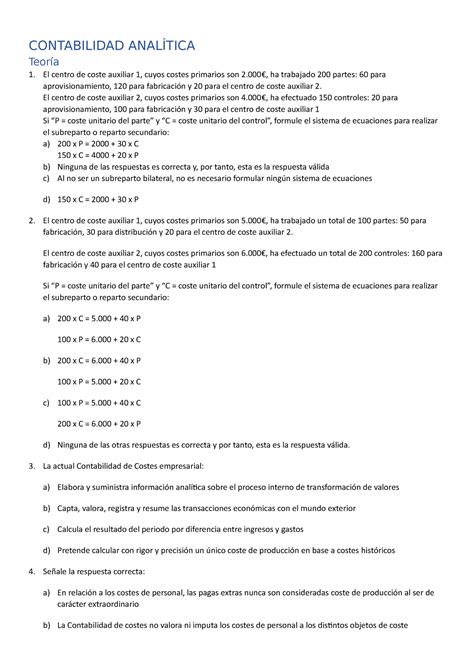 Examen 2020 preguntas y respuestas CONTABILIDAD ANALÍTICA Teoría El