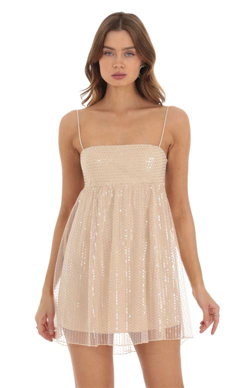 Sequin Mesh Babydoll Dress In Nude Lucy In The Sky