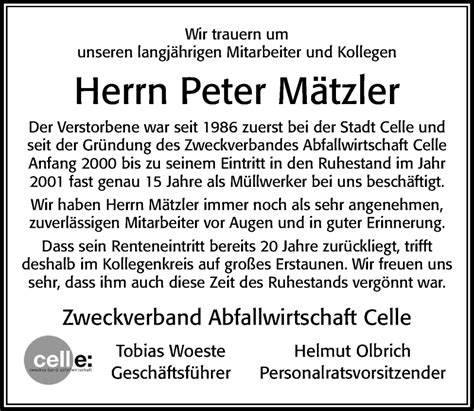 Traueranzeigen von Peter Mätzler Trauerportal der Celleschen Zeitung