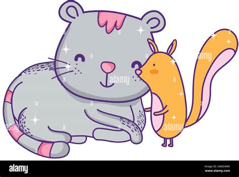 cute little squirrel and gray cat catoon animals on white background vector illustration Stock ...