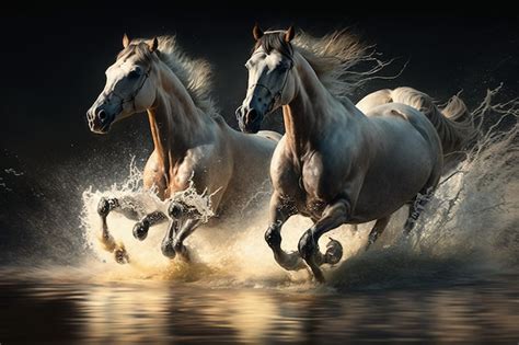 Premium Photo | Galloping horses jumping over the camera in a river