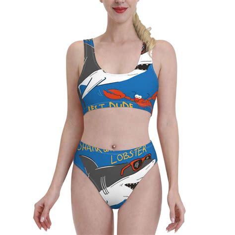 Lukts Women High Waisted Bikini Set Shark With Sunglasses And Lobste