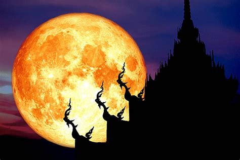 Buddhist Temple Rooftop Silhouette Art With Super Blood Moon Backdrop