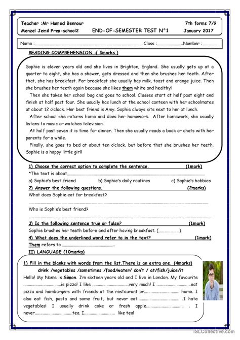 End Of Semester Test Th Form English Esl Worksheets Pdf Doc