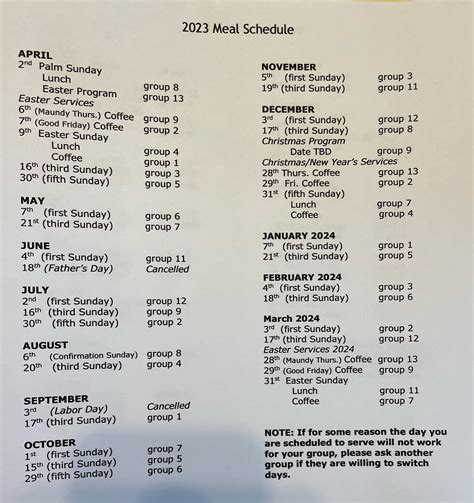 2023 Meal Schedule – Hockinson Apostolic Lutheran Church