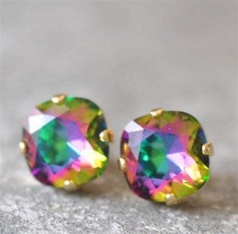 Jewel Tone Rainbow Earrings Swarovski Crystal Rare Square Stud Etsy