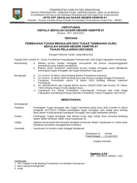 Sk Pembagian Tugas Sd Kemitir 2021 2022 Smt2 Pdf