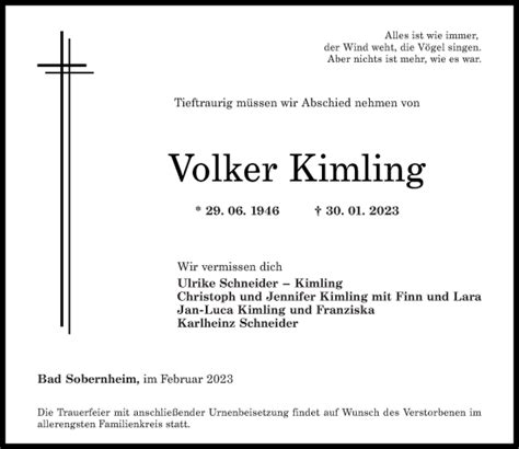 Traueranzeigen Von Volker Kimling Rz Trauer De