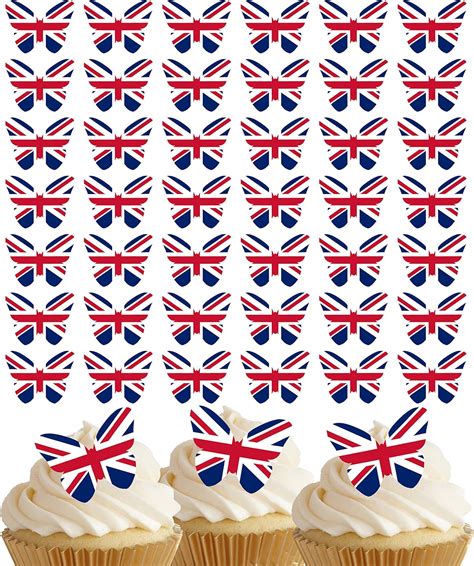 48 X Pre Cut Union Jack Butterflies Edible Wafer Rice Paper Cupcake