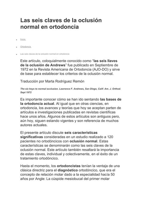 Las Seis Claves De La Oclusión Normal En Ortodoncia Pdf