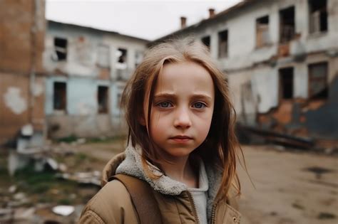 Um retrato trágico de uma menina órfã de guerra em meio à destruição e