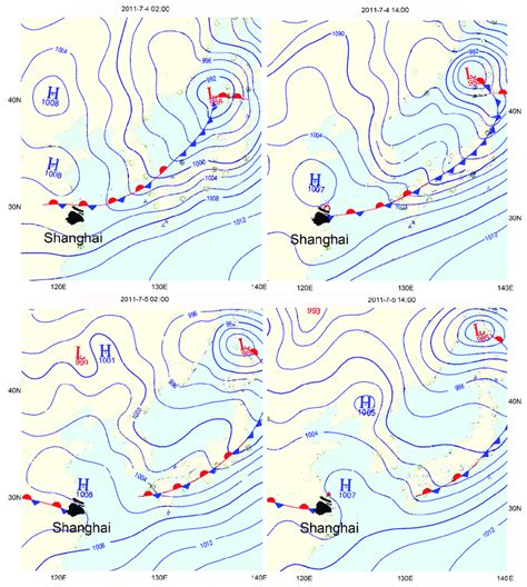 Weather maps of East Asia at 2:00 a.m. and 2:00 p.m. UTC + 8 on 4 July ...