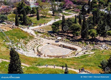 Panoramic View Of Theatre Of Dionysus Or Dionysos Ancient Stone Greek