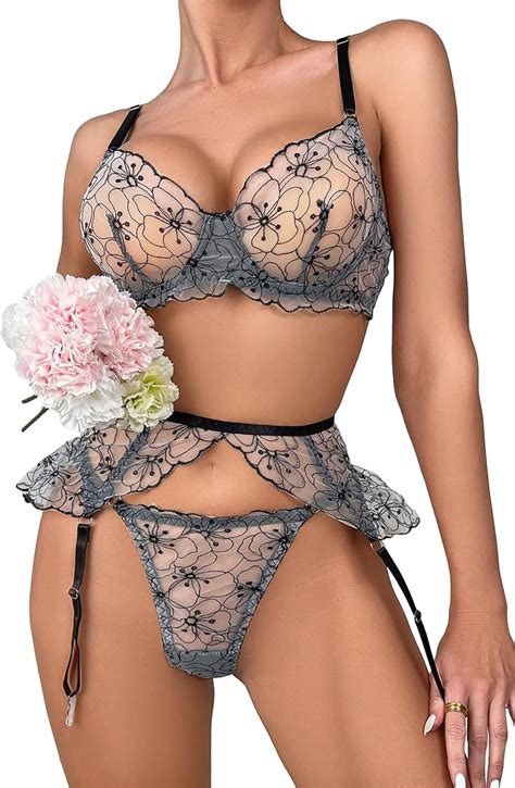 Amazon SHENHE Women S Floral Mesh Sheer Lingerie Garter Set Exotic