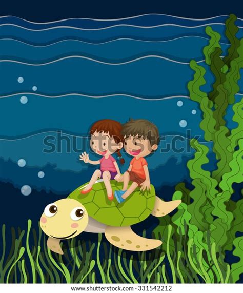 Boy Girl Riding On Turtle Underwater Stock Vector Royalty Free 331542212