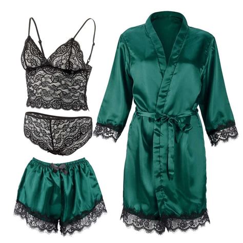 Women Satin Kimono Robe Lingerie Nightgown Sleepwear Silk Bathrobe Pajamas Set EBay