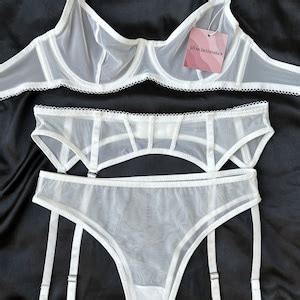 Soft Bridal White Mesh Lingerie Set With Garter Belt Cheeky Panty