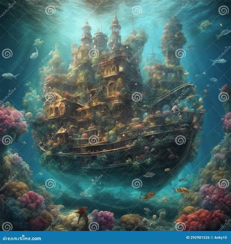 Old Wooden Pirate Ship Navigating Underwater Stock Illustration