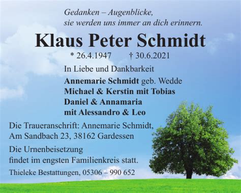 Traueranzeigen Von Klaus Peter Schmidt Trauer38 De