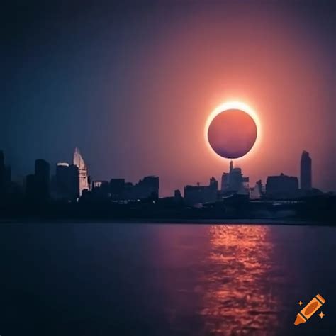 City Skyline With A River Under A Partial Solar Eclipse And Reclaimed