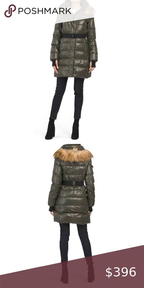 S13 Military Belted Down Puffer Coat With Faux Fur Trimmed Hood Down