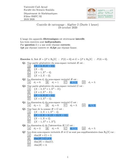 Corrigé CR 2020 cour et exercice Université Cadi Ayyad Faculté des