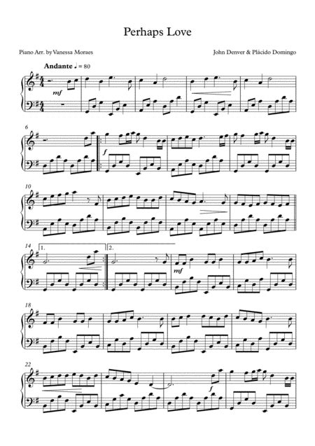 Perhaps Love Arr Vanessa Moraes By John Denver And Placido Domingo Sheet Music For Piano Solo