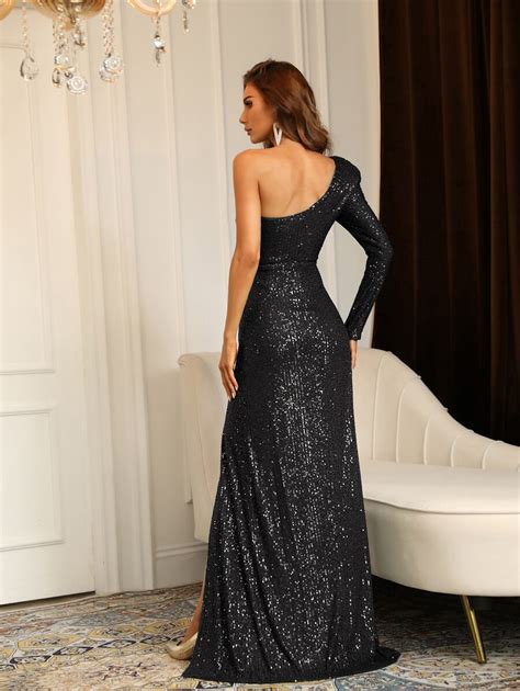 One Shoulder Split Thigh Sequin Prom Dress Shein Usa