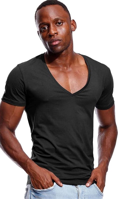 Deep V Neck T Shirt For Men Low Cut Scoop Tee Invisible Vee Top Cotton