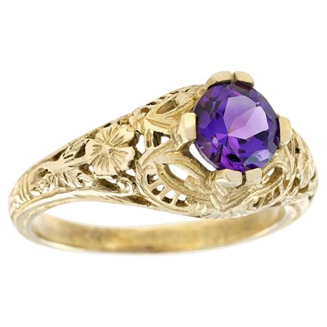 Natural Amethyst Vintage Style Filigree Ring In Solid 9K Yellow Gold