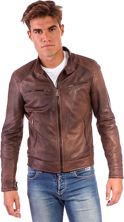 D Arienzo Veste Cuir Homme Marron En Agneau Veritable Moto Motard