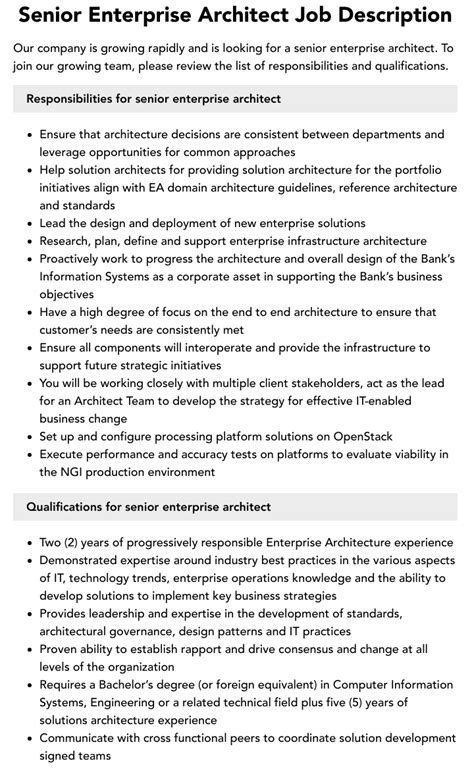 Senior Enterprise Architect Job Description Velvet Jobs