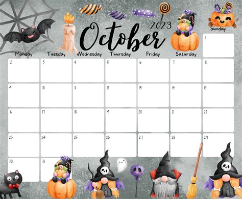 Editable October Calendar Happy Halloween Cute Gnoms Kid