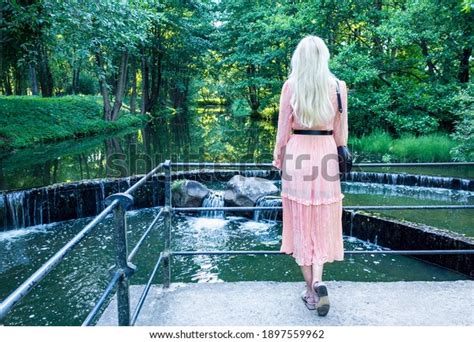 Sexy Blonde Pink Long Dress Modestly Stock Photo 1897559962 Shutterstock