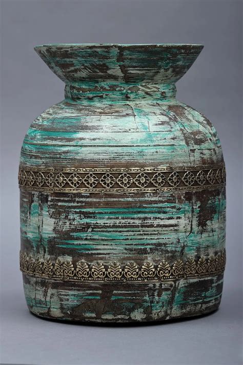 13" Flower Pot with Floral Design | Wooden Pot | Handmade | Made in India | Exotic India Art