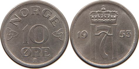 NORWAY 10 ÖRE 1953 HAAKON VII 1905 1957 VZ MA Shops