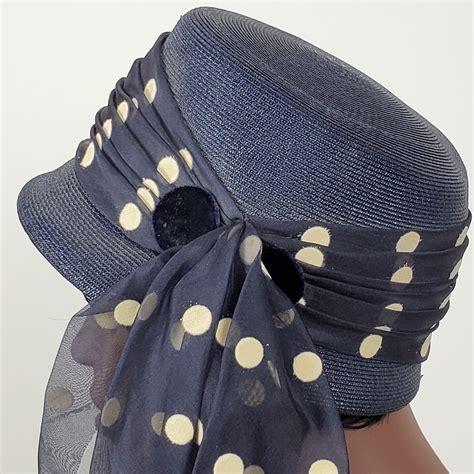 1960s Cutie Cloche • Navy Blue Straw With Flirty Flocked Dots