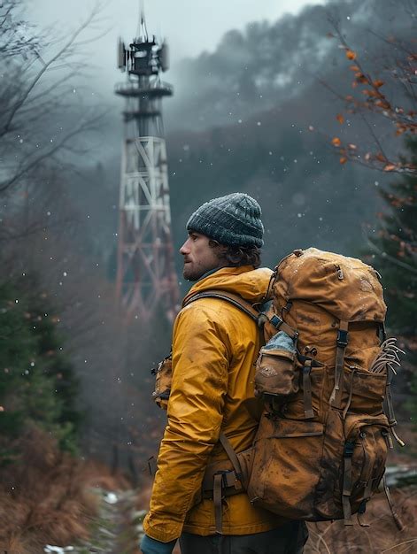 Premium Photo Back View Of A Hiker With A Yellow Backpack Looking At