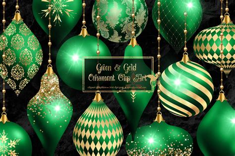 Green and Gold Christmas Ornaments Clipart Digital Glitter - Etsy