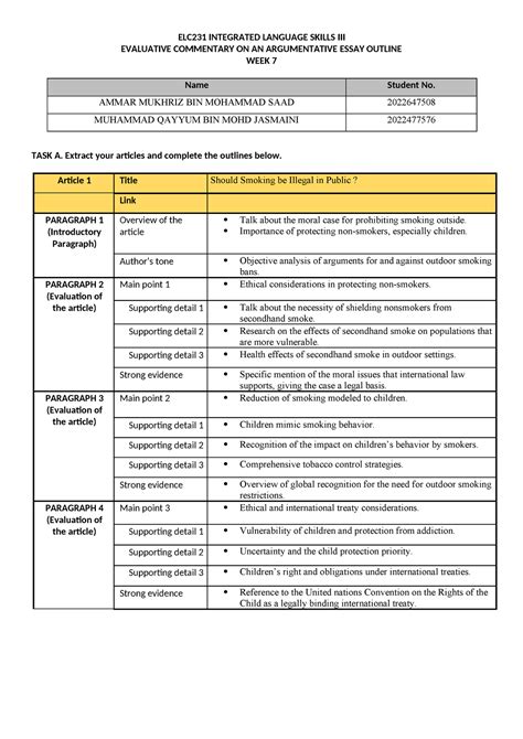 ELC231 WEEK 7 Argumentative Article Outlines ELC231 INTEGRATED