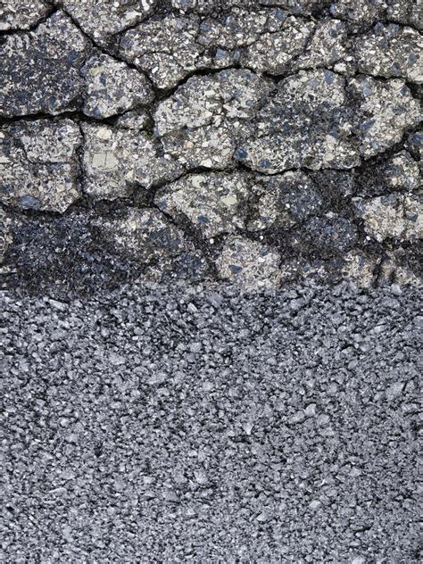 Old Damaged Cracked Asphalt Road Surface Against A New Draining Asphalt